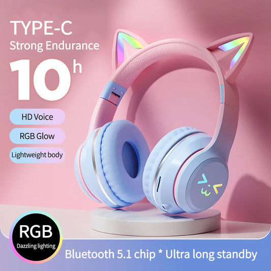 Gradient wireless Headphones RGB cute cat ear Bluetooth Earphone