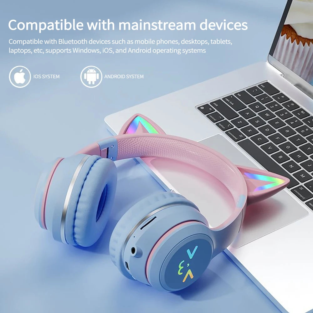 Gradient wireless Headphones RGB cute cat ear Bluetooth Earphone